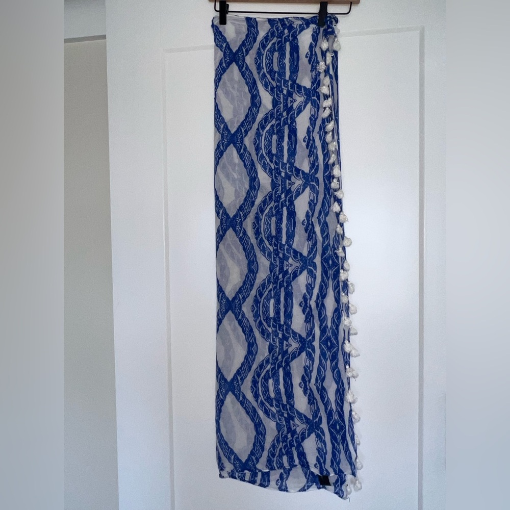 Ann Taylor tasseled blue and white rope motif sarong scarf.  48”x76”